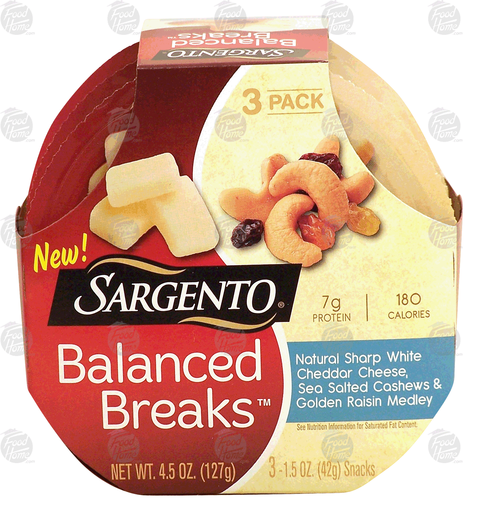 Sargento(R) Balanced Breaks natural sharp white cheddar cheese, sea salted cashews & golden raisin medley, 3 - 1.5 oz snacks Full-Size Picture